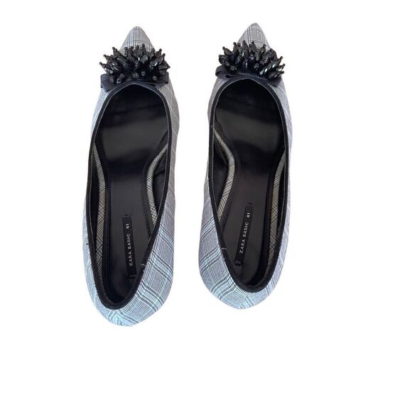 Zara Womens Beaded Flower Plaid Slip On Pointed Toe Kitten Heel Pump Size 41 - Picture 9 of 9
